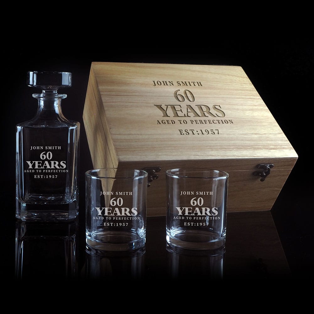 60 Years Aged to Perfection Design 750ml Decanter with 2 spirit Glass Gift Set