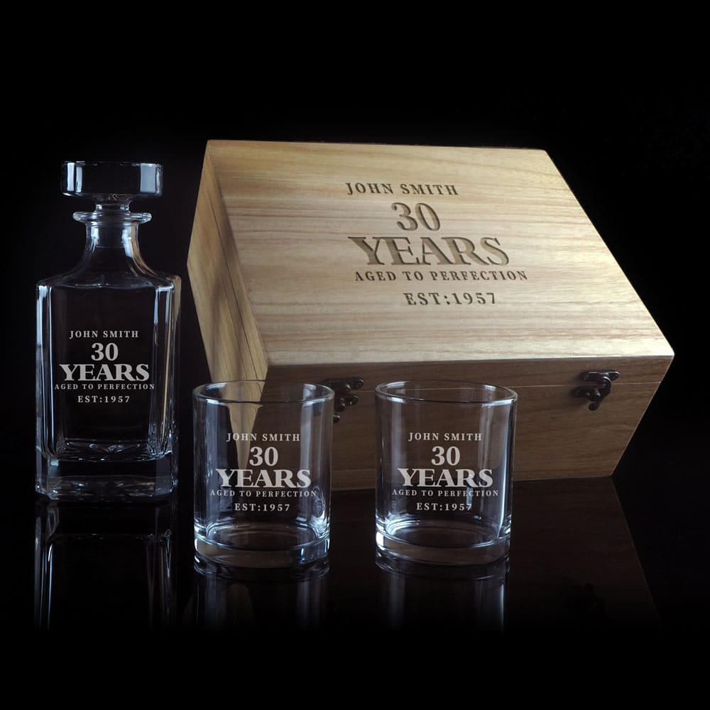 30 Years Aged to Perfection Design 750ml Decanter with 2 spirit Glass Gift Set