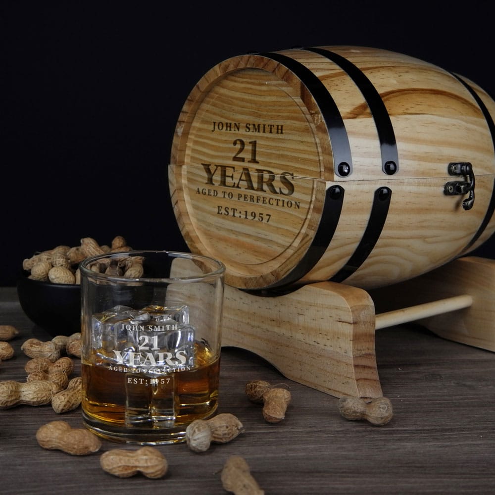 21 Years Aged to Perfection Design 280ml Spirit Glasses and Barrel Set