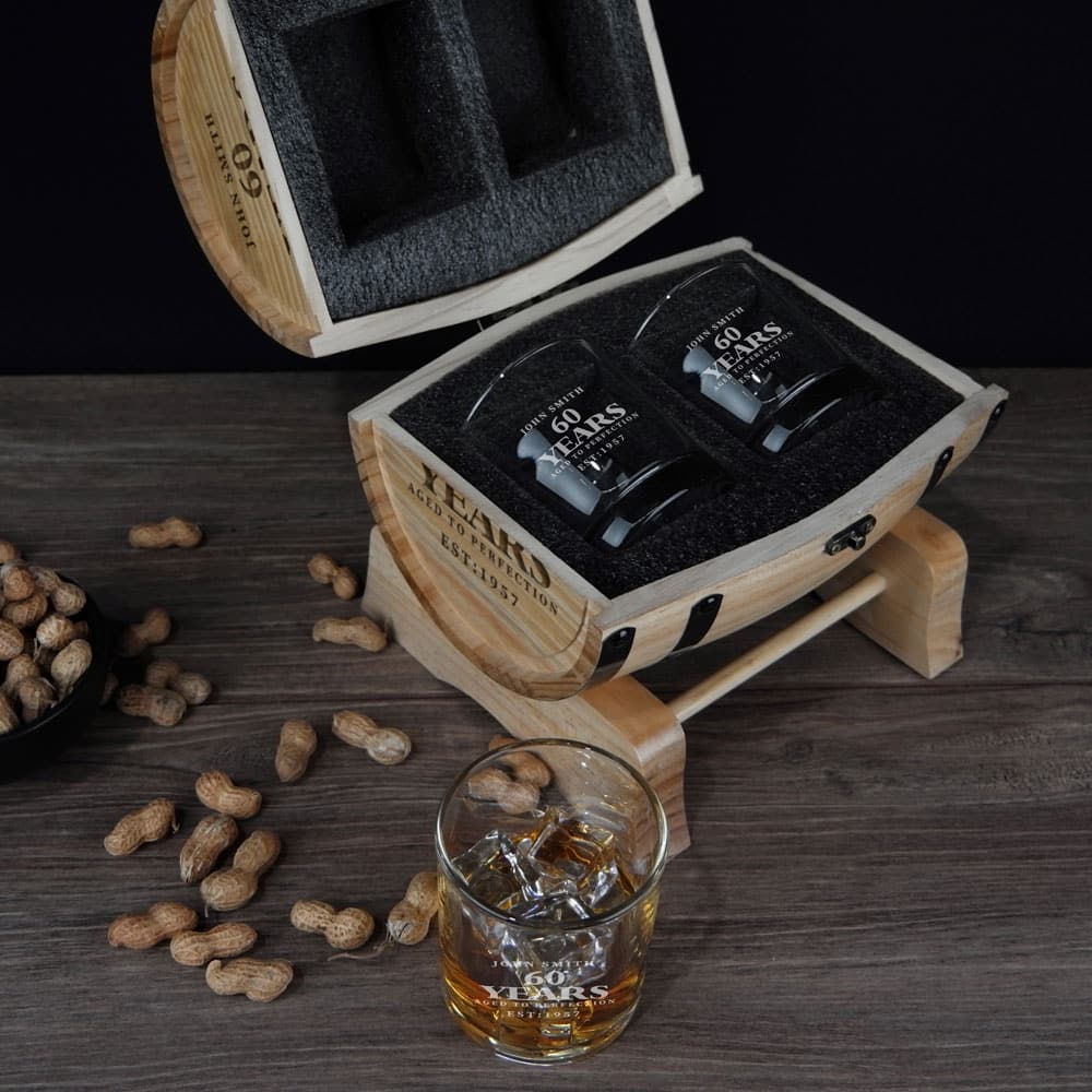 60 Years Aged to Perfection Design 280ml Spirit Glasses and Barrel Set