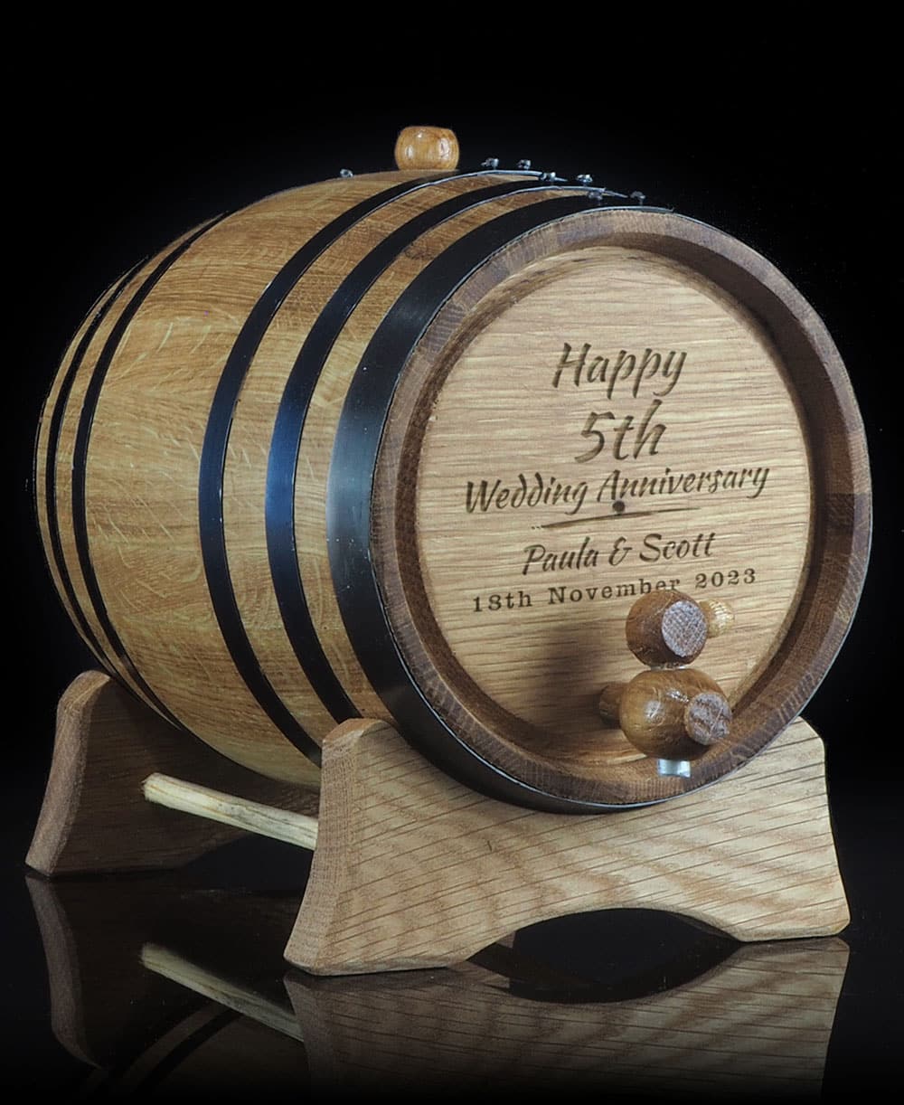 Personalised 5th 'Anniversary' Design Oak Barrel