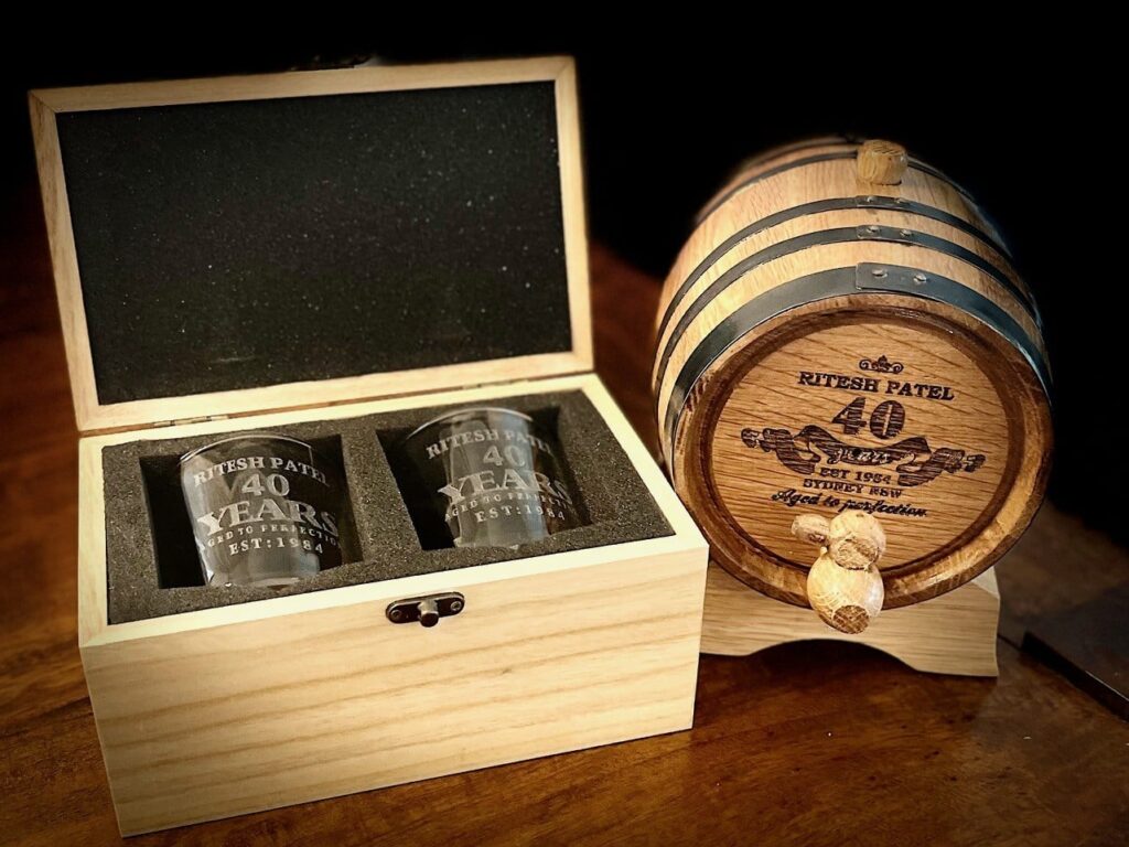 oak liquor barrel and glass set