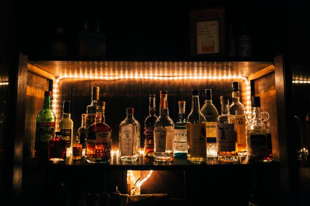 liquor bottles on bar